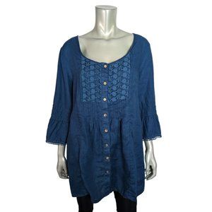 Soft Surroundings Top Size L 100% Linen Bell Sleeve Scoop Neck Button Down Green